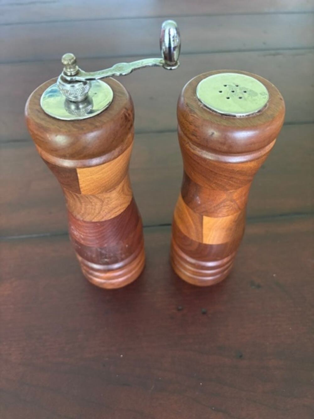 Vintage Segmented Wood Salt Shaker & Hand Crank Pepper Mill Grinder Set MCM